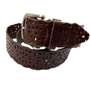 Women's Brown Laser-Cut Brazilian Leather Belt With Silver Buckle Large